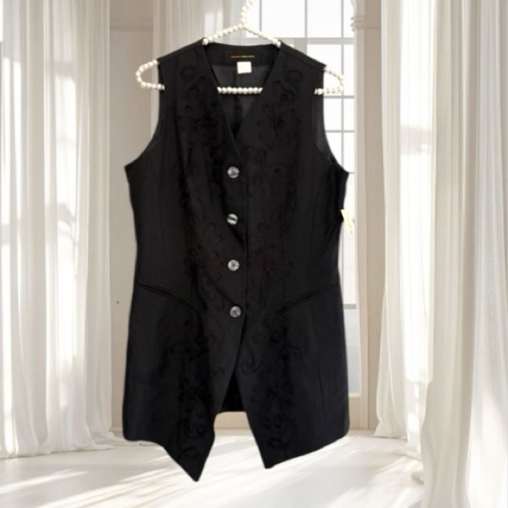 VTG NWT Harris Wallace Black Linen Embroidered Floral Vest Size 6